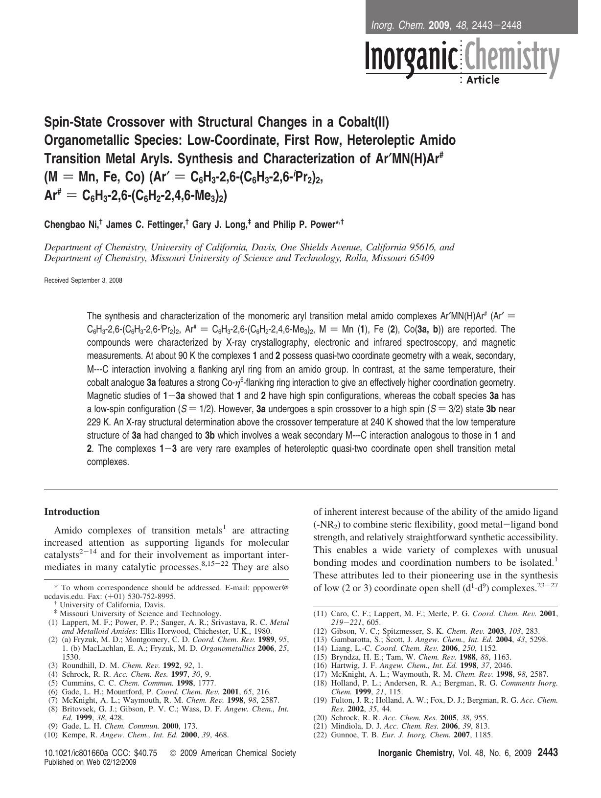 Spin-State Crossover with Structural Changes in a Cobalt(II) Organometallic Species: Low-Coordinate, First Row, Heteroleptic Amido Transition Metal Aryls. Synthesis and Characteriz by unknow