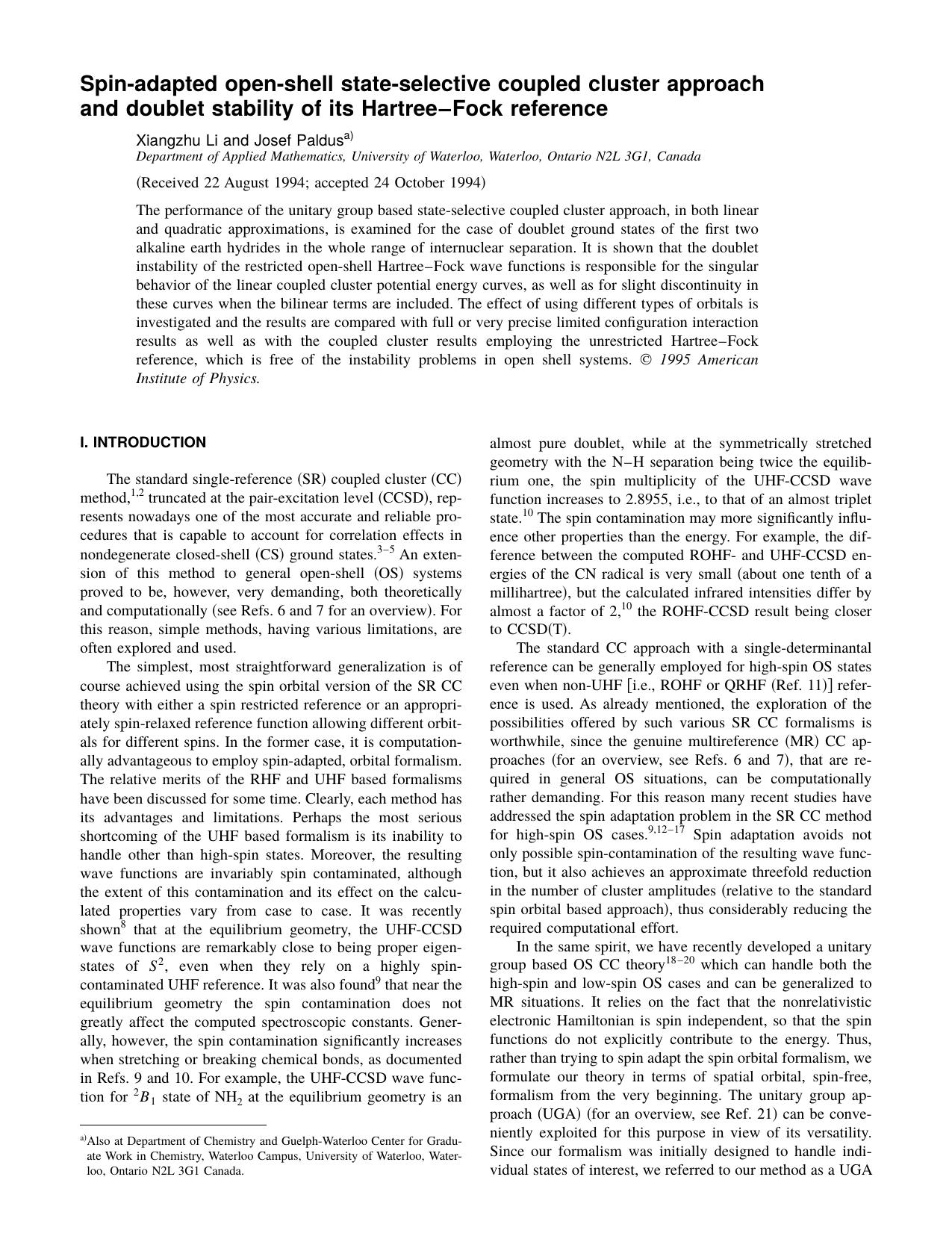 Spin-adapted open-shell state-selective coupled cluster approach and doublet stability of its Hartree-Fock reference by Xiangzhu Li and Josef Paldus
