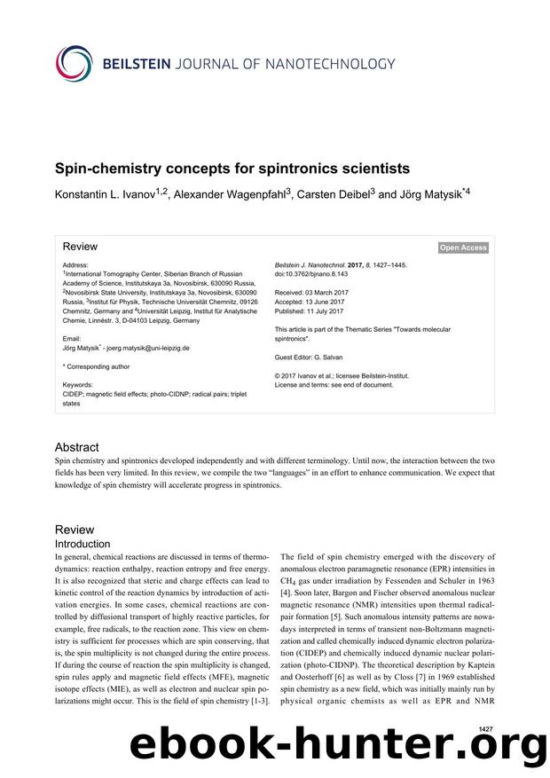 Spin-chemistry concepts for spintronics scientists by Konstantin L. Ivanov Alexander Wagenpfahl Carsten Deibel Jörg Matysik