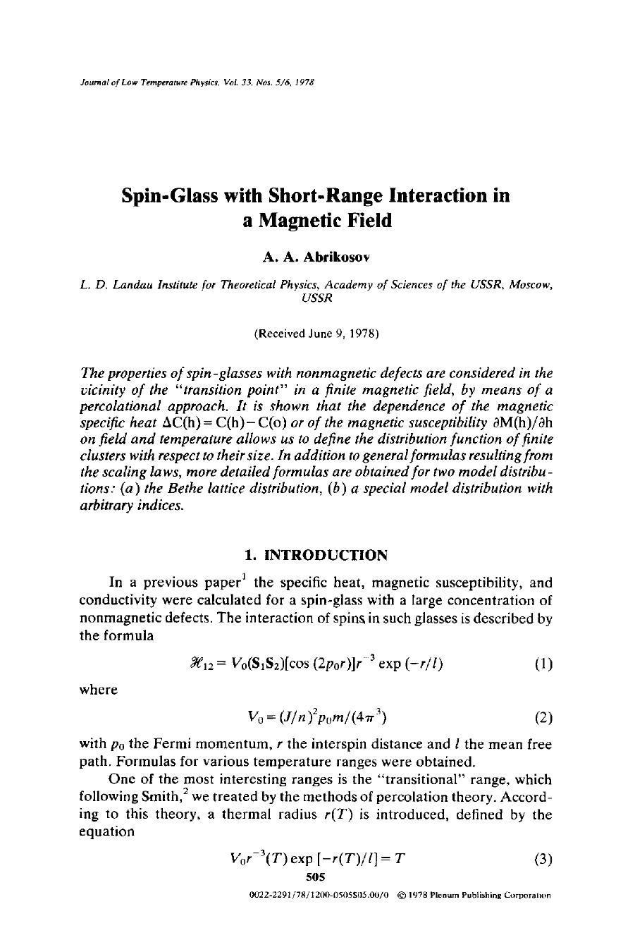Spin-glass with short-range interaction in a magnetic field by Unknown