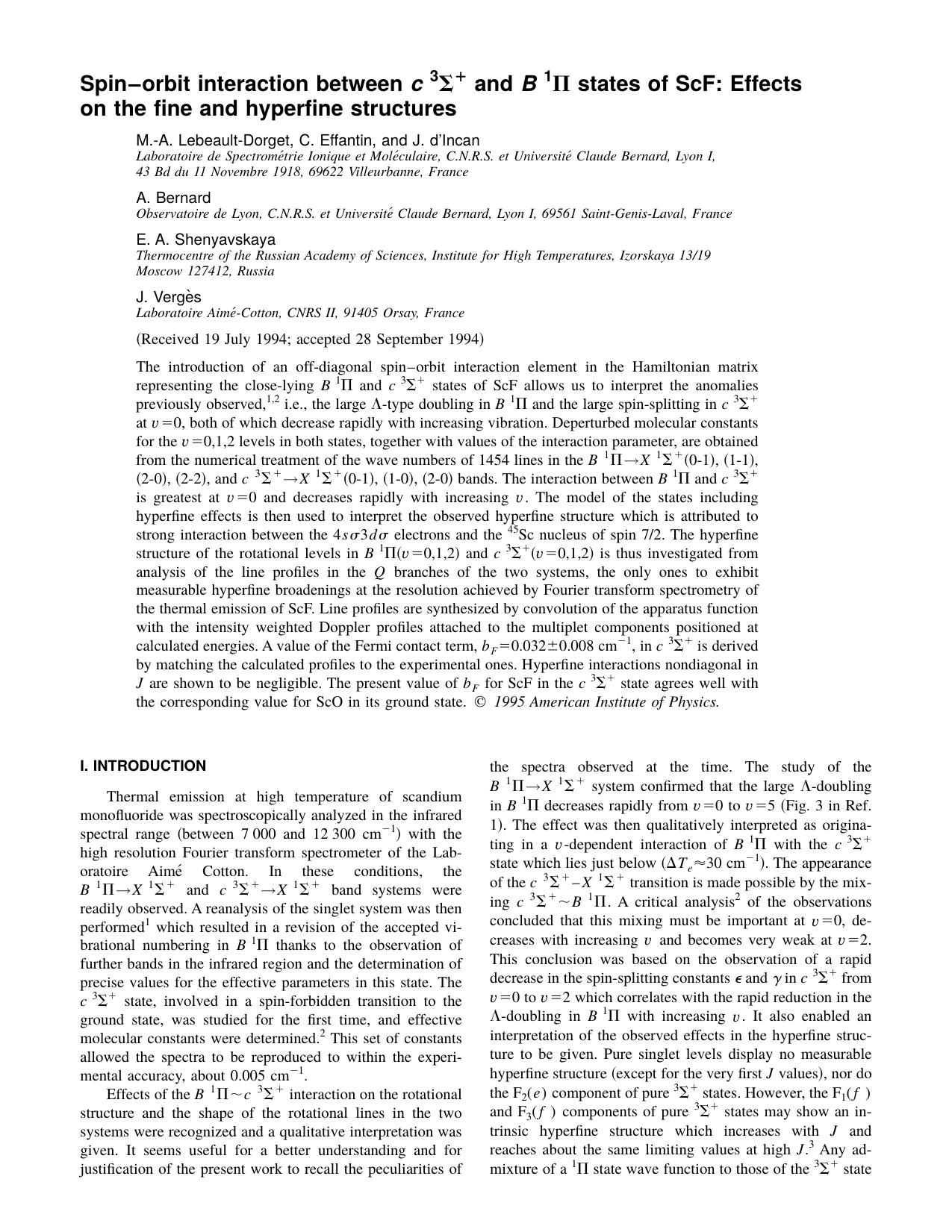 Spin-orbit interaction between c3 + and B1 states if by M.-A. Lebeault-Dorget & C. Effantin & and J. d'Incan &