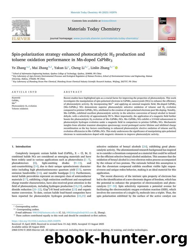 Spin-polarization strategy enhanced photocatalytic H2 production and toluene oxidation performance in Mn-doped CsPbBr3 by Ye Zhang & Mai Zhang & Yakun Li & Cheng Li & Linlin Zhang