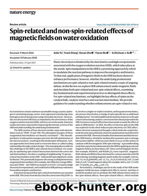 Spin-related and non-spin-related effects of magnetic fields on water oxidation by Anke Yu & Yuwei Zhang & Siyuan Zhu & Tianze Wu & Zhichuan J. Xu