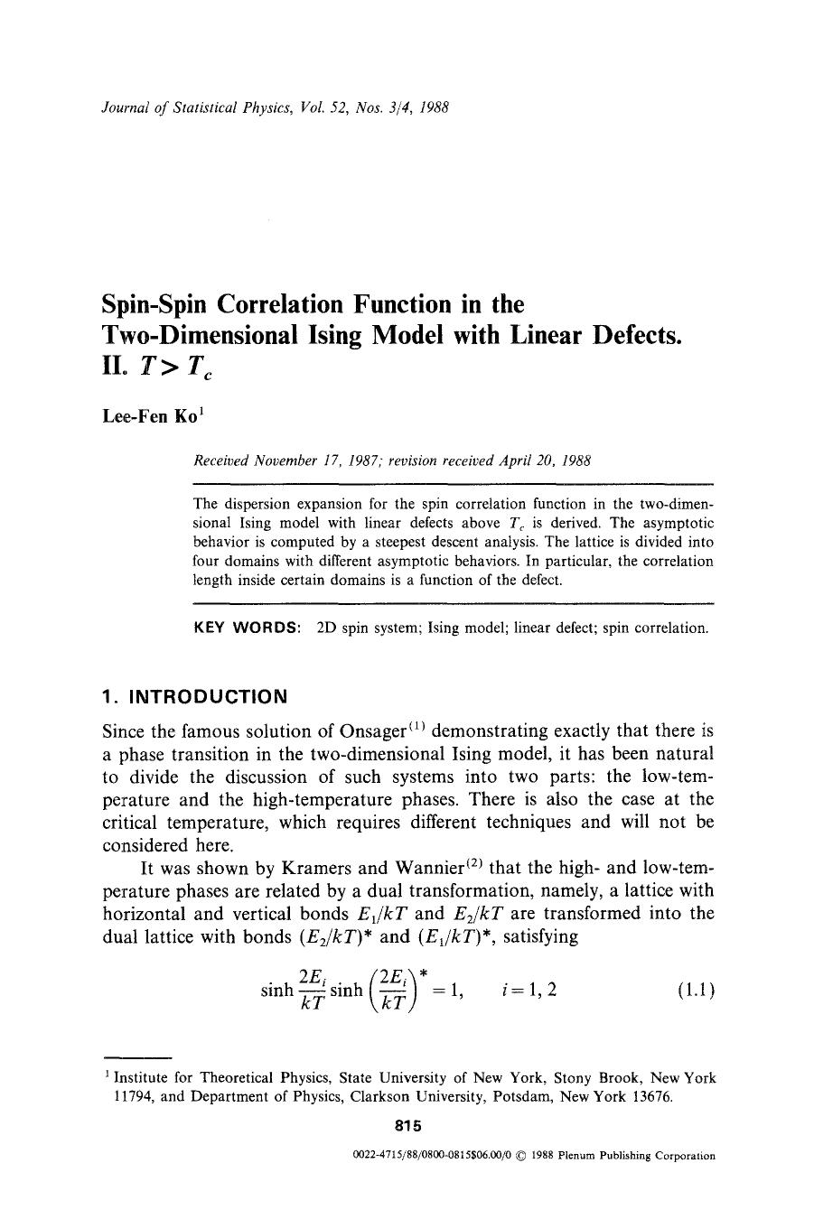 Spin-spin correlation function in the two-dimensional Ising model with linear defects. II. <Emphasis Type="Italic">T&gt;T <Emphasis> <Subscript>c <Subscript> by Unknown