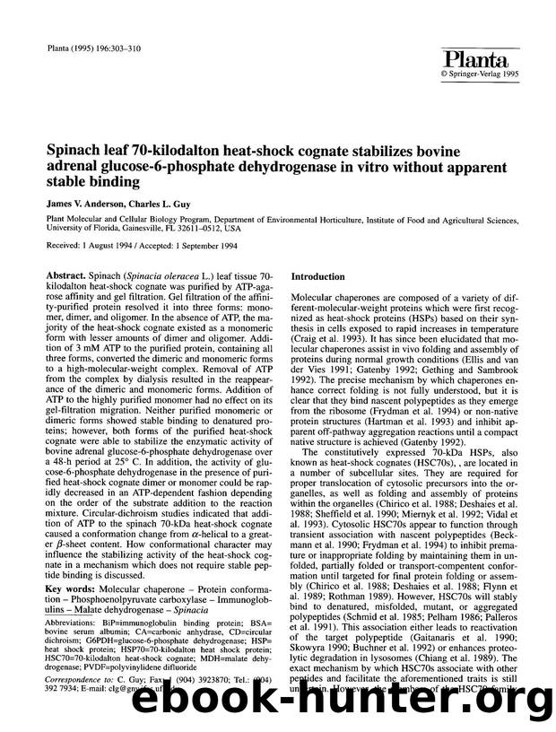 Spinach leaf 70-kilodalton heat-shock cognate stabilizes bovine adrenal glucose-6-phosphate dehydrogenase in vitro without apparent stable binding by Unknown