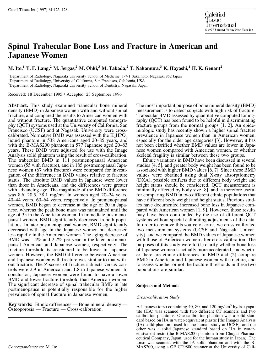 Spinal Trabecular Bone Loss and Fracture in American and Japanese Women by Ito M. et al