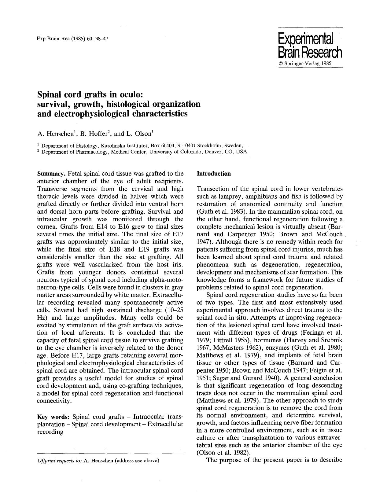 Spinal cord grafts in oculo: survival, growth, histological organization and electrophysiological characteristics by Unknown