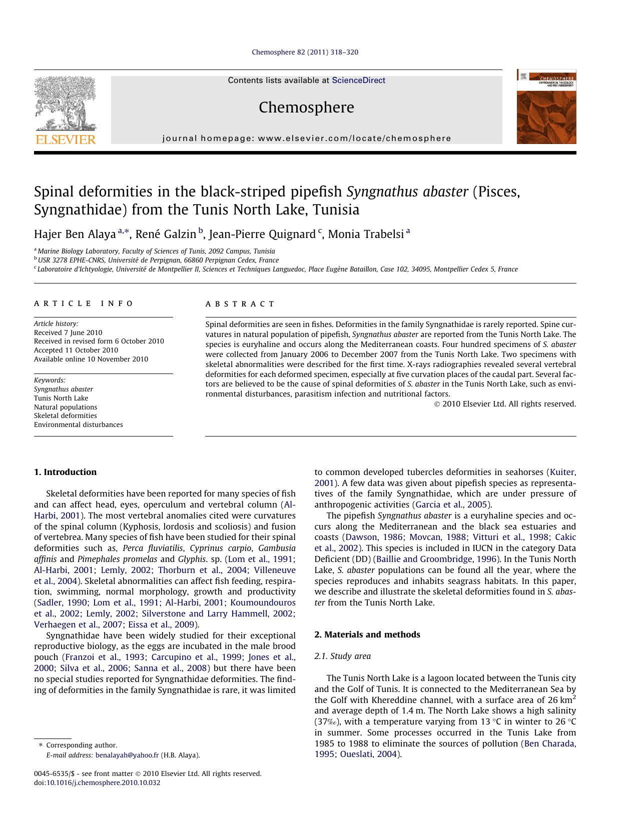 Spinal deformities in the black-striped pipefish Syngnathus abaster (Pisces, Syngnathidae) from the Tunis North Lake, Tunisia by Hajer Ben Alaya & René Galzin & Jean-Pierre Quignard & Monia Trabelsi