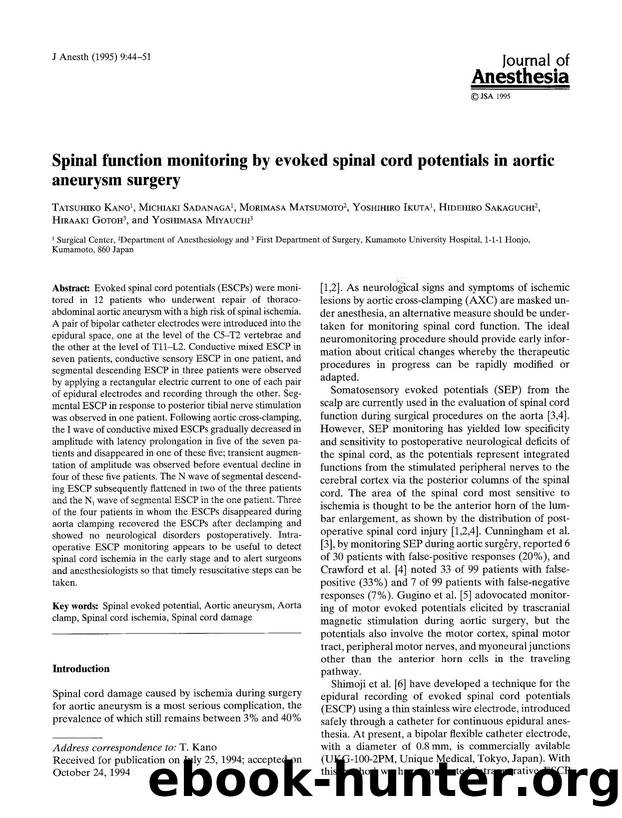 Spinal function monitoring by evoked spinal cord potentials in aortic aneurysm surgery by Unknown