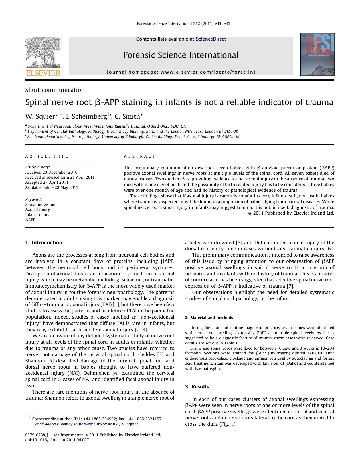 Spinal nerve root ÃÂ²-APP staining in infants is not a reliable indicator of trauma by W. Squier