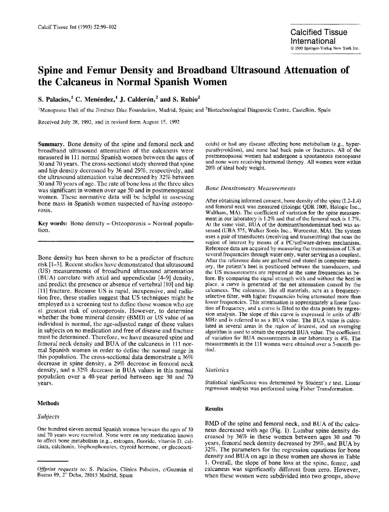 Spine and femur density and broadband ultrasound attenuation of the calcaneus in normal Spanish women by Unknown