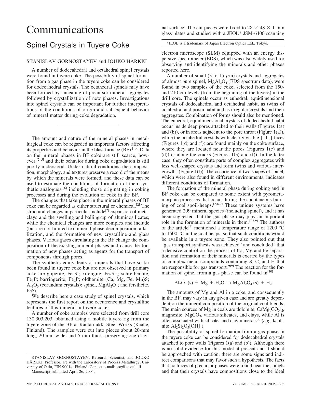 Spinel Crystals in Tuyere Coke by STANISLAV GORNOSTAYEV and JOUKO HÄRKKI