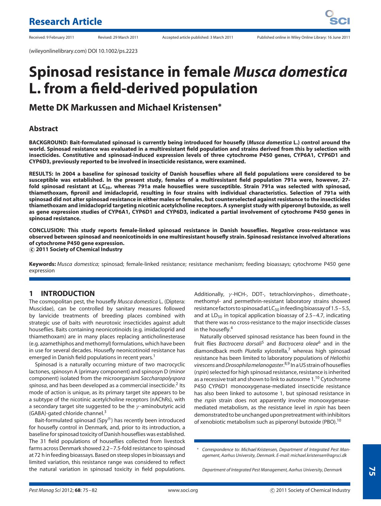 Spinosad resistance in female Musca domestica L. from a fieldderived population by Unknown