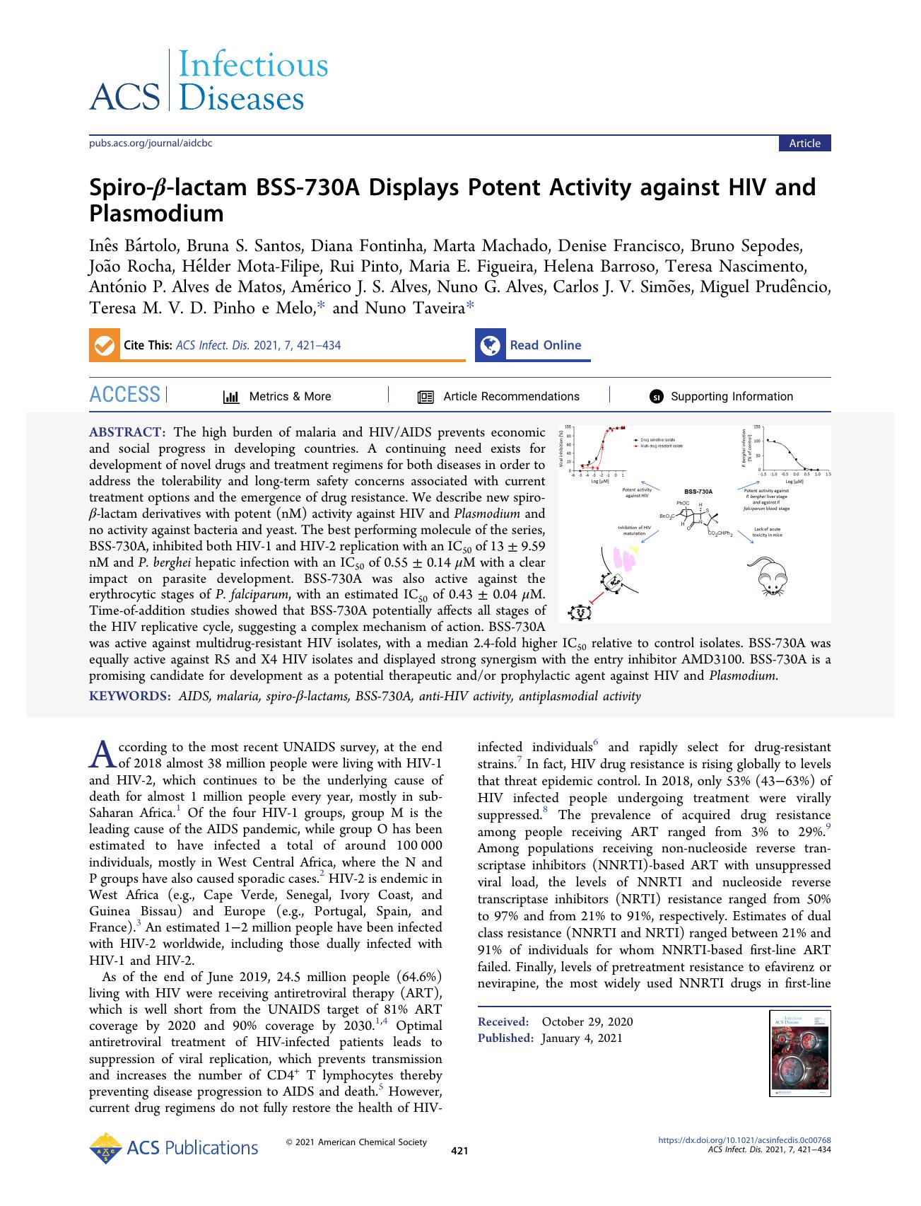 Spiro-Î²-lactam BSS-730A Displays Potent Activity against HIV and Plasmodium by unknow