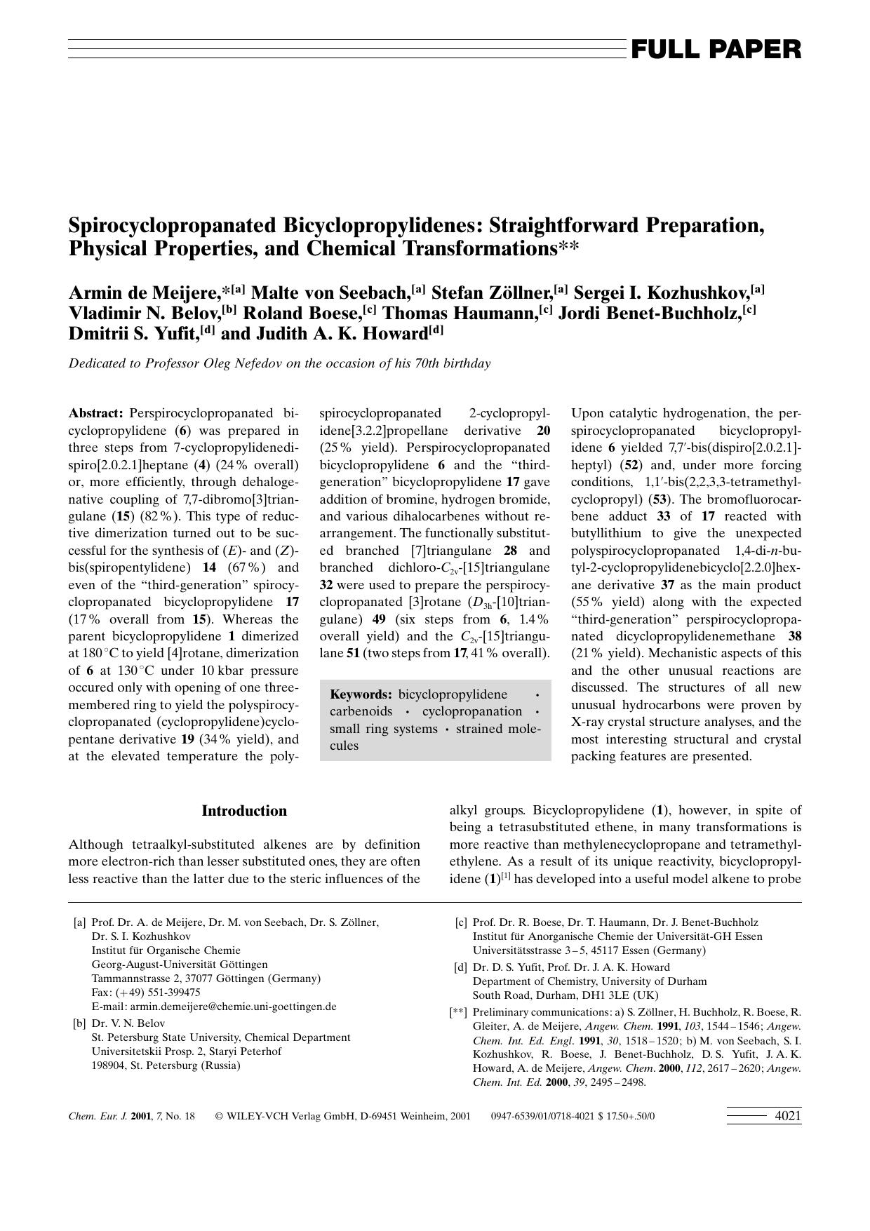 Spirocyclopropanated Bicyclopropylidenes: Straightforward Preparation, Physical Properties, and Chemical Transformations by Unknown