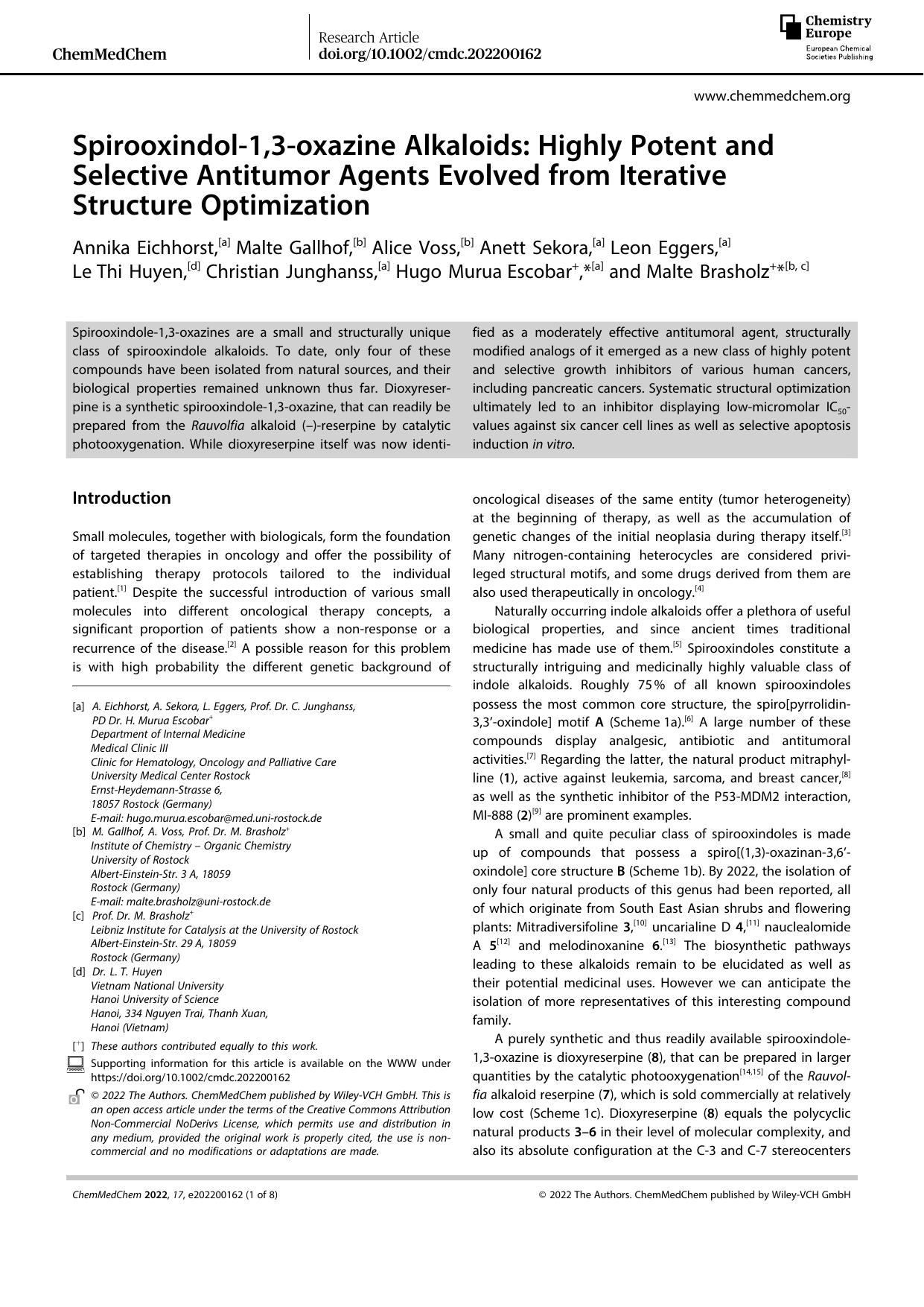 Spirooxindolâ1,3âoxazine Alkaloids: Highly Potent and Selective Antitumor Agents Evolved from Iterative Structure Optimization by Unknown