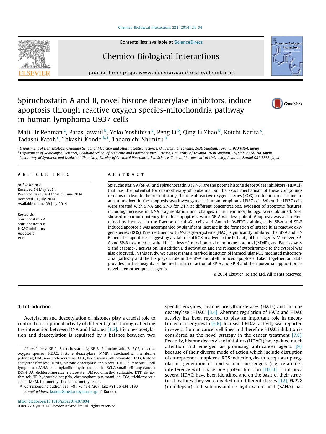 Spiruchostatin A and B, novel histone deacetylase inhibitors, induce apoptosis through reactive oxygen species-mitochondria pathway in human lymphoma U937 cells by unknow