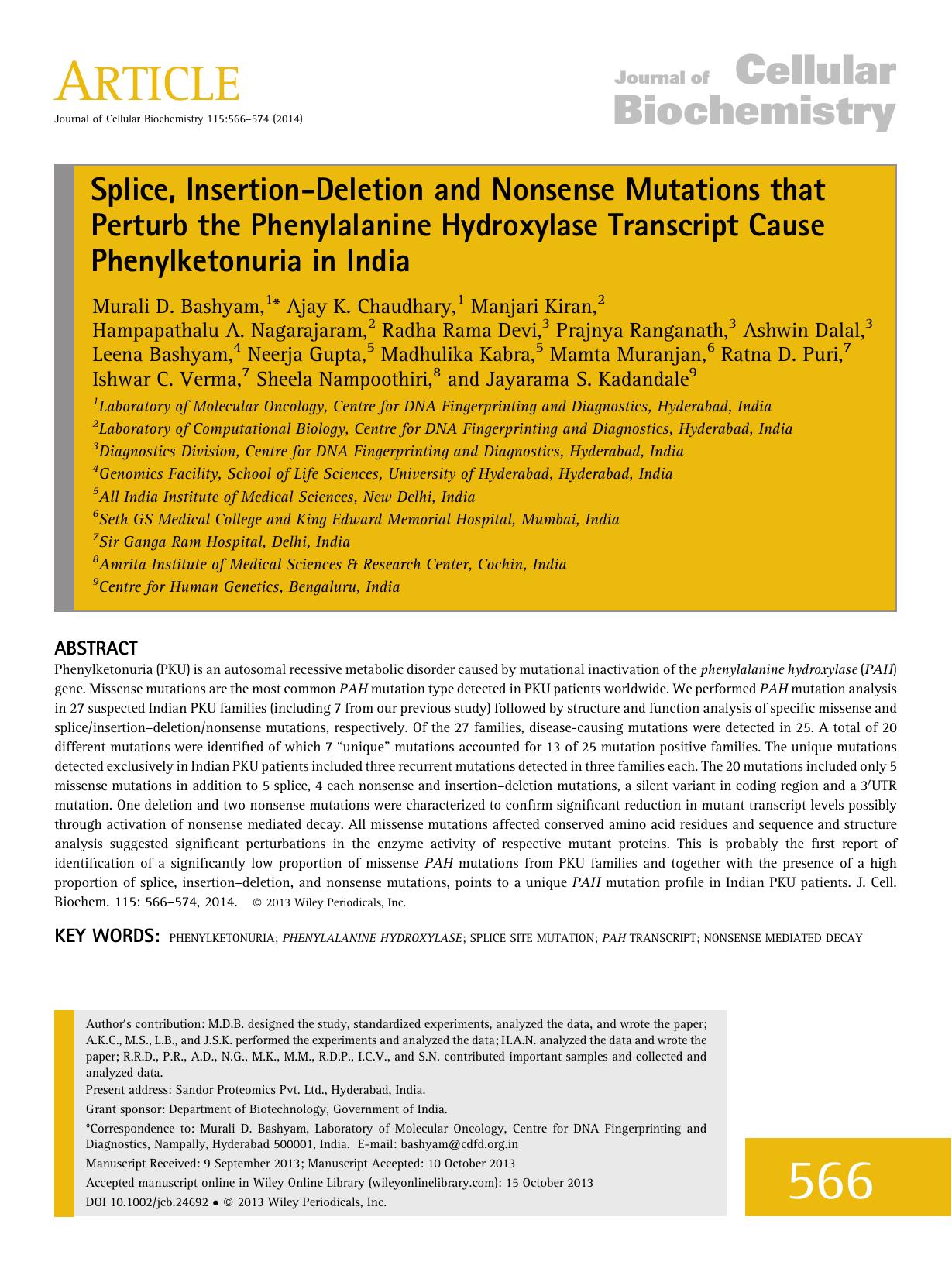 Splice, InsertionDeletion and Nonsense Mutations that Perturb the Phenylalanine Hydroxylase Transcript Cause Phenylketonuria in India by Unknown