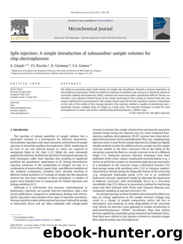 Split injection: A simple introduction of subnanoliter sample volumes for chip electrophoresis by A. Gáspár & P.I. Koczka & H. Carmona & F.A. Gomez