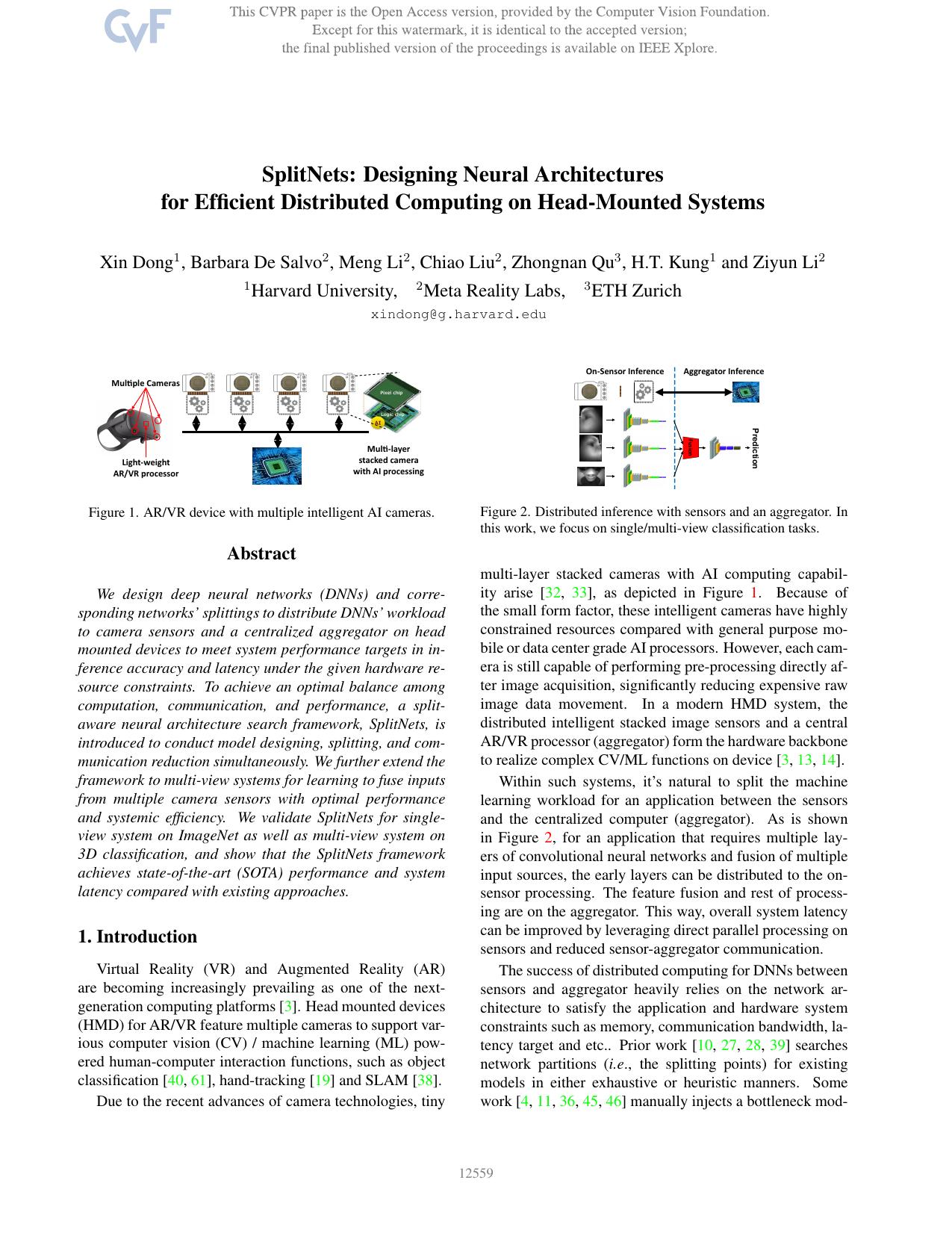 SplitNets: Designing Neural Architectures for Efficient Distributed Computing on Head-Mounted Systems by Xin Dong & Barbara De Salvo & Meng Li & Chiao Liu & Zhongnan Qu & H.T. Kung & Ziyun Li