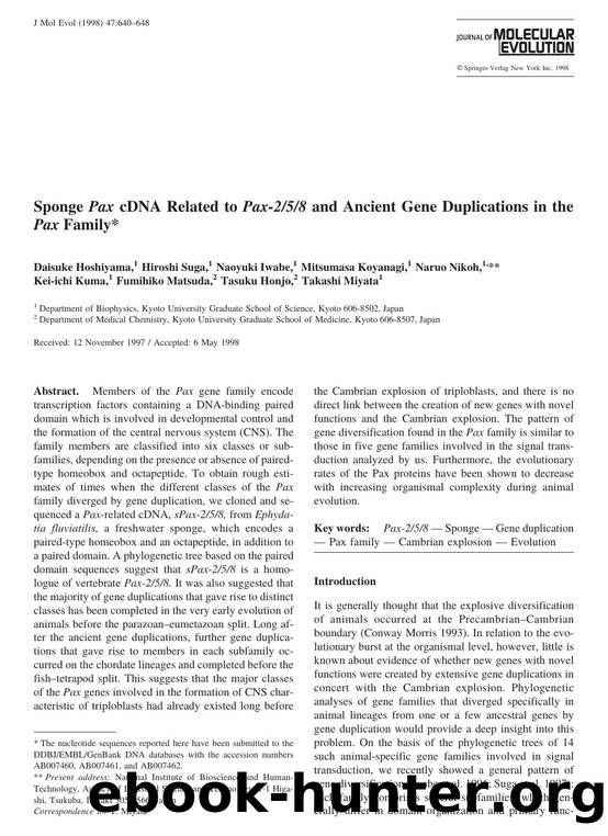 Sponge Pax cDNA Related to Pax-258 and Ancient Gene Duplications in the Pax Family by Hoshiyama D. et al
