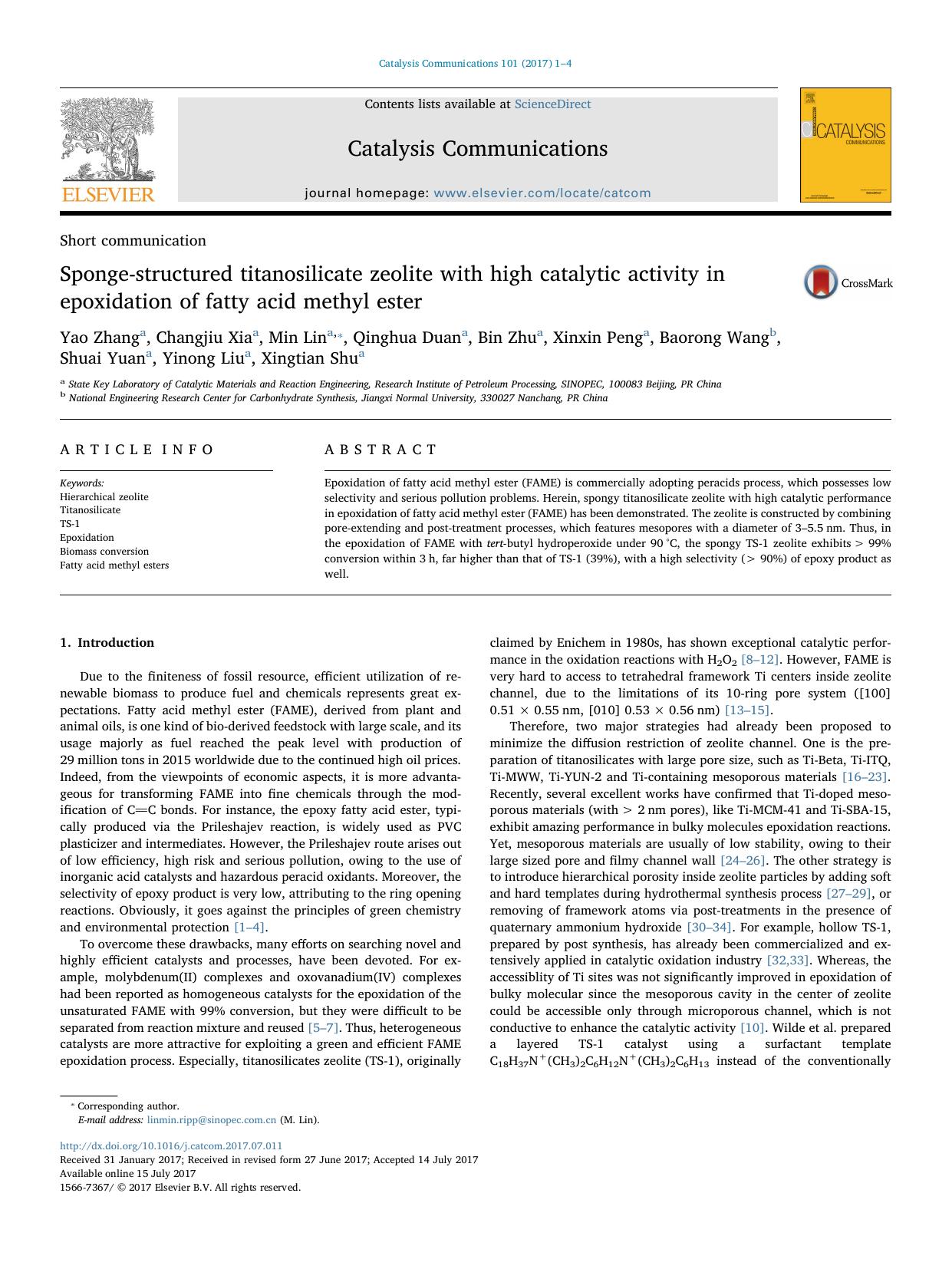 Sponge-structured titanosilicate zeolite with high catalytic activity in epoxidation of fatty acid methyl ester by unknow