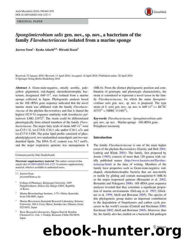 Spongiimicrobium salis gen. nov., sp. nov., a bacterium of the family Flavobacteriaceae isolated from a marine sponge by Jaewoo Yoon & Kyoko Adachi & Hiroaki Kasai