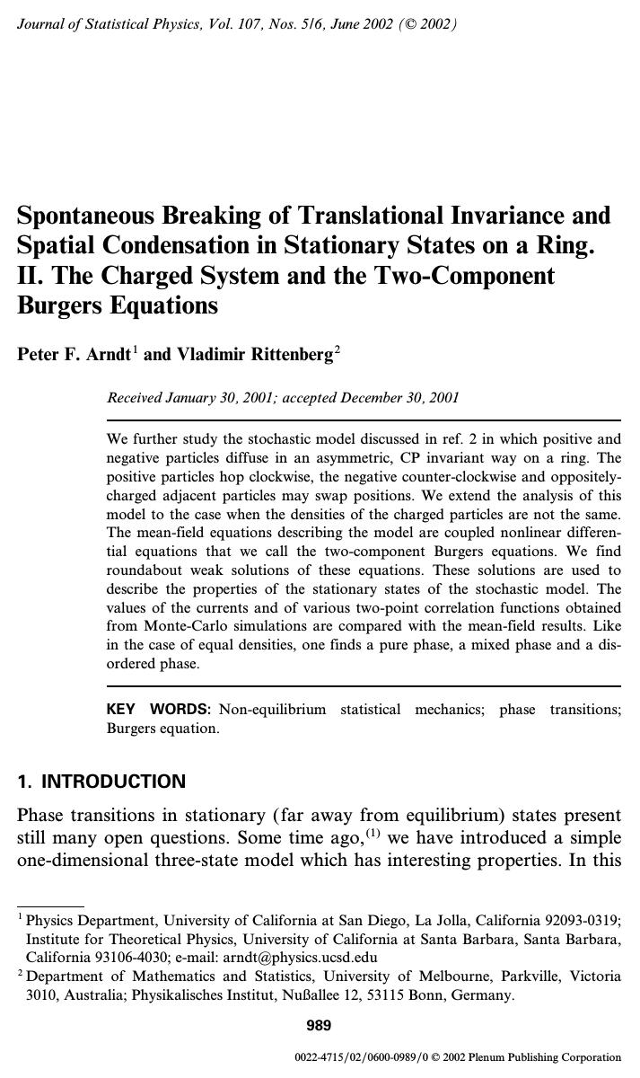 Spontaneous Breaking of Translational Invariance and Spatial Condensation in Stationary States on a Ring. II. The Charged System and the Two-Component Burgers Equations by Unknown