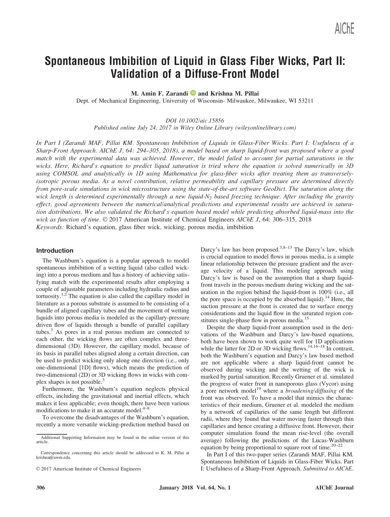 Spontaneous Imbibition of Liquid in Glass Fiber Wicks, Part II: Validation of a Diffuse‐Front Model by Unknown