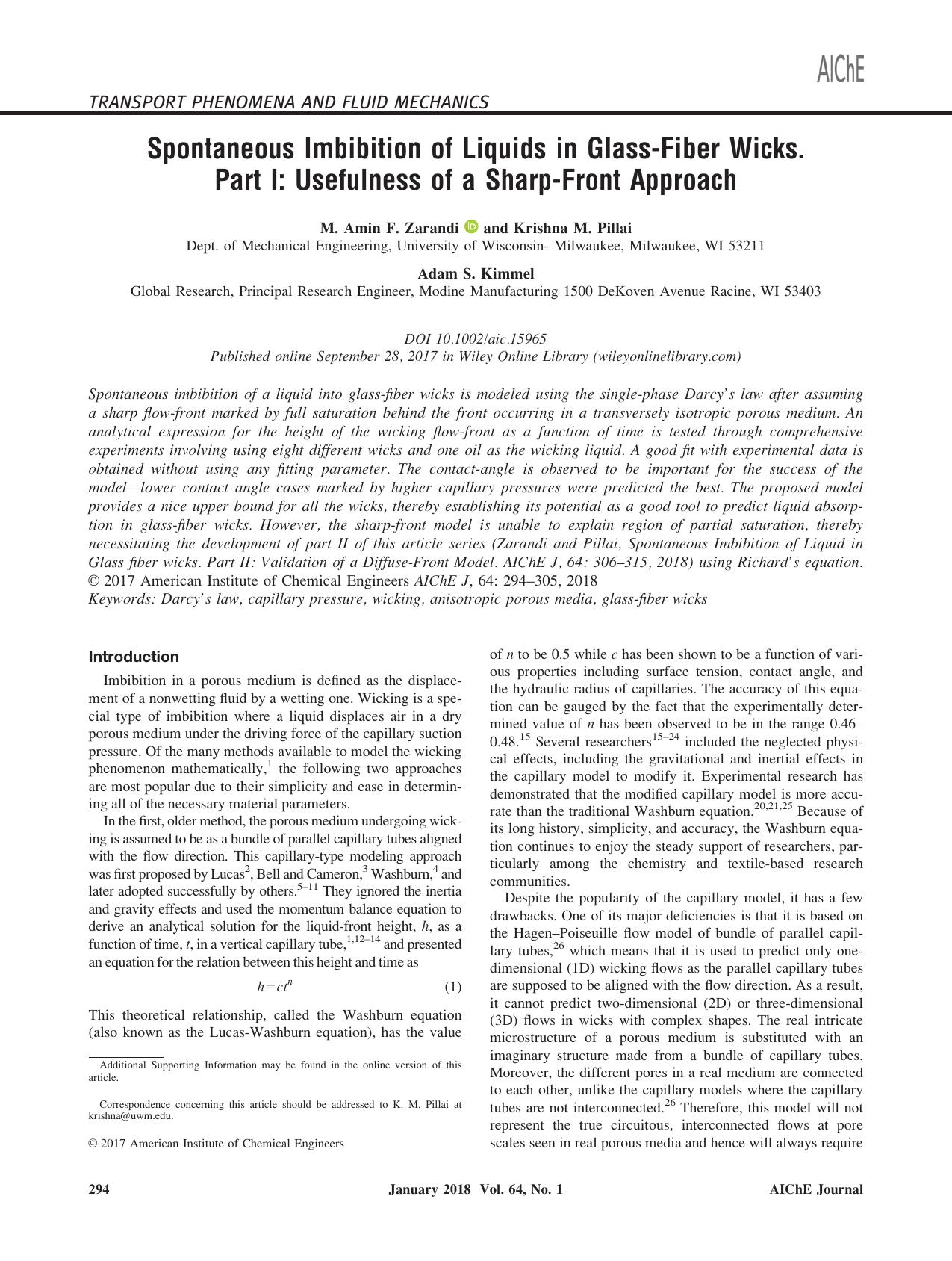 Spontaneous Imbibition of Liquids in Glass‐Fiber Wicks. Part I: Usefulness of a Sharp‐Front Approach by Unknown
