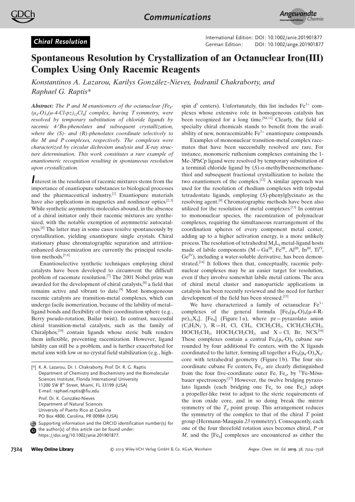 Spontaneous Resolution by Crystallization of an Octanuclear Iron(III) Complex Using Only Racemic Reagents by Unknown