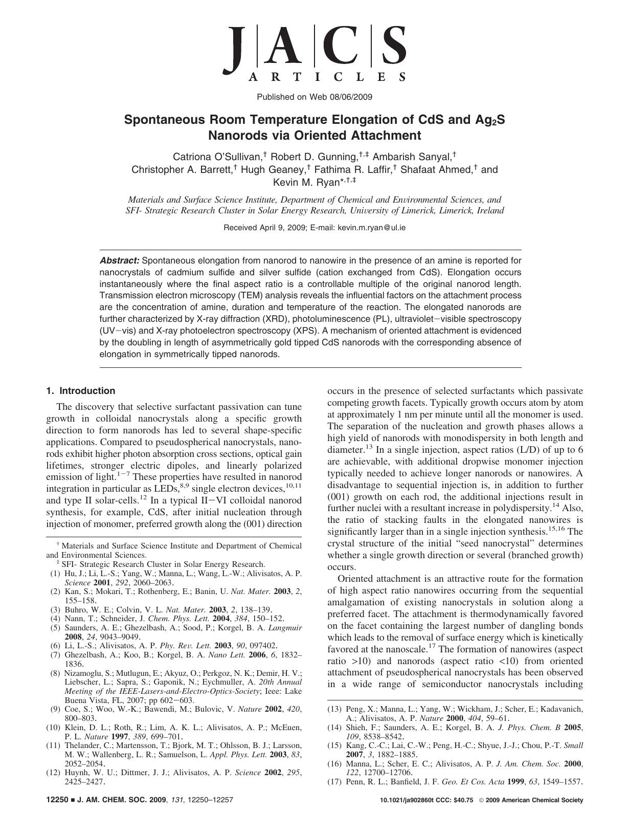 Spontaneous Room Temperature Elongation of CdS and Ag2S Nanorods via Oriented Attachment by unknow