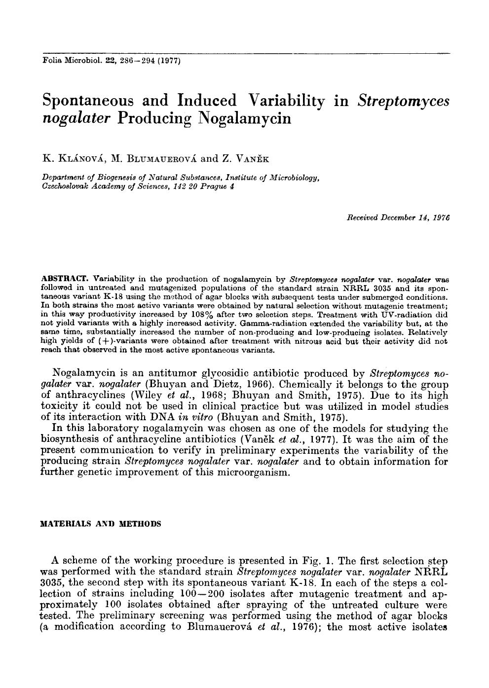 Spontaneous and induced variability in <Emphasis Type="Italic">Streptomyces nogalater <Emphasis> producing nogalamycin by Unknown