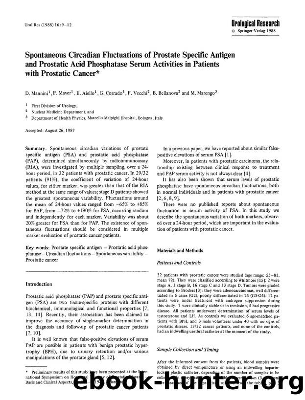 Spontaneous circadian fluctuations of prostate specific antigen and prostatic acid phosphatase serum activities in patients with prostatic cancer by Unknown