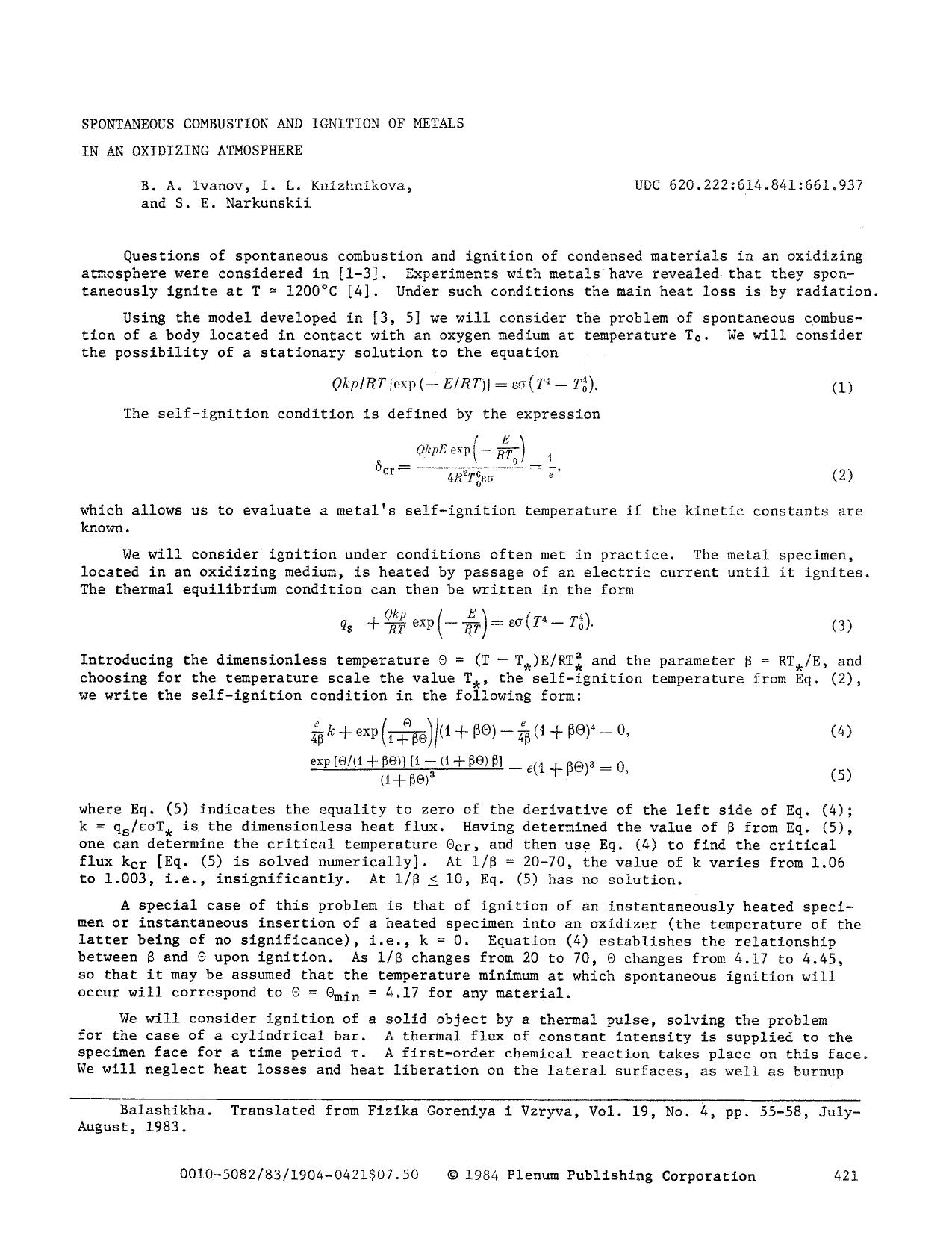 Spontaneous combustion and ignition of metals in an oxidizing atmosphere by Unknown