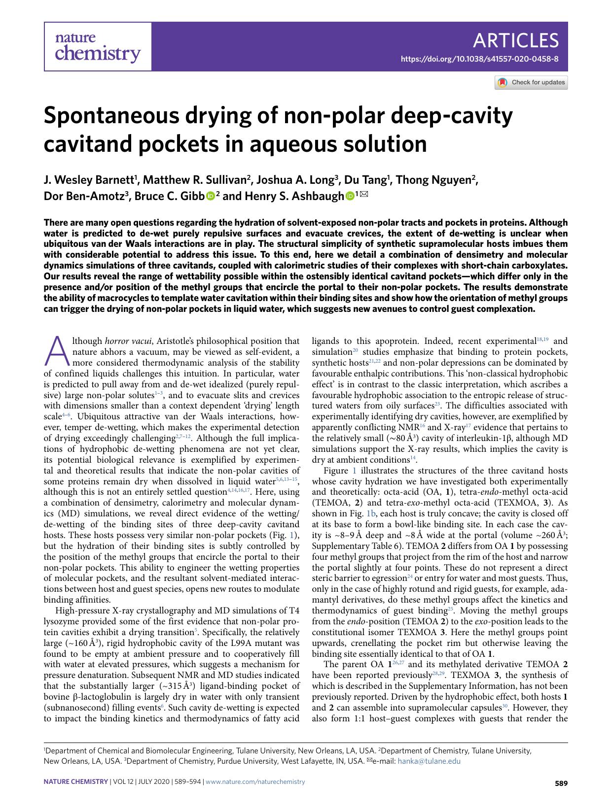 Spontaneous drying of non-polar deep-cavity cavitand pockets in aqueous solution by unknow