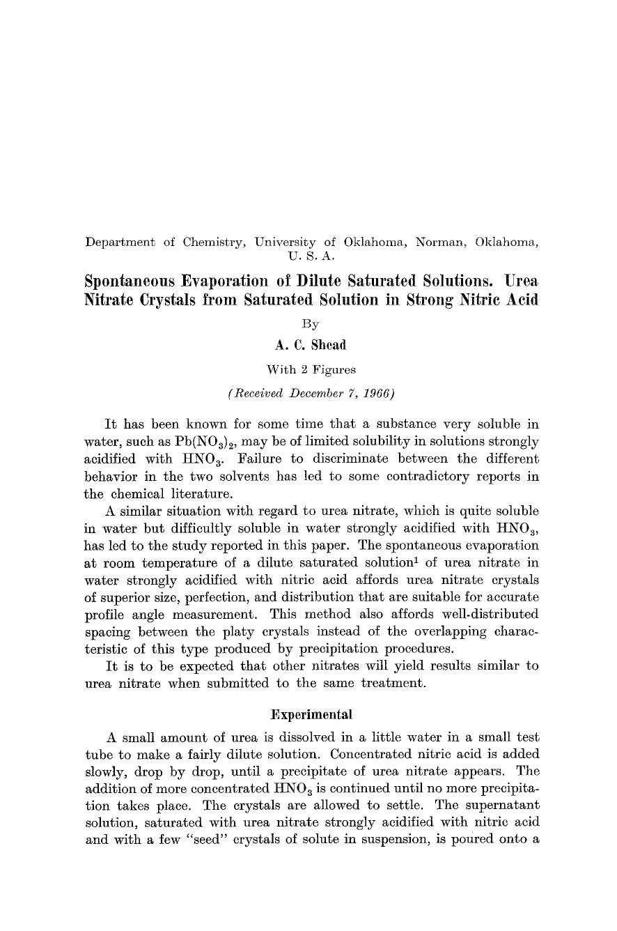Spontaneous evaporation of dilute saturated solutions. Urea nitrate crystals from saturated solution in strong nitric acid by Unknown