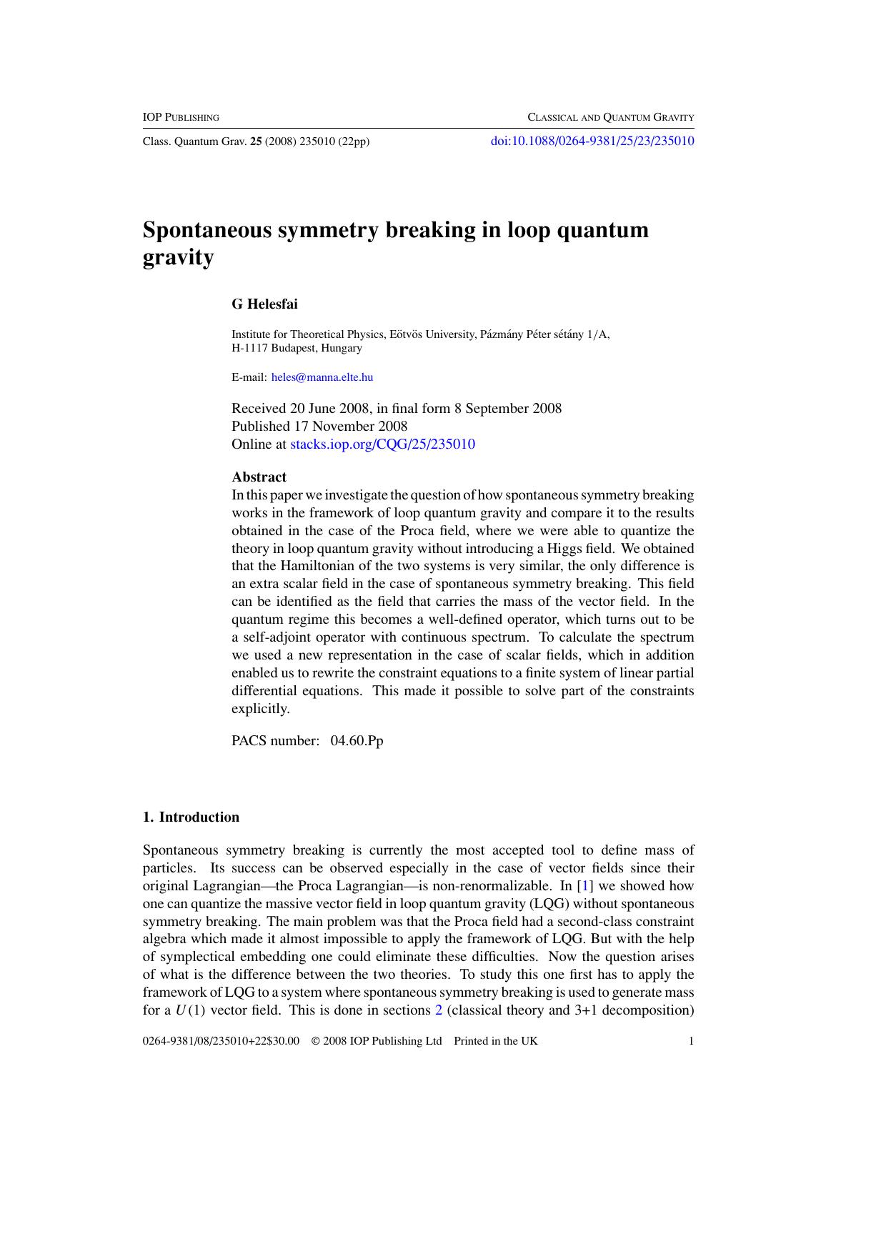 Spontaneous symmetry breaking in loop quantum gravity by G Helesfai