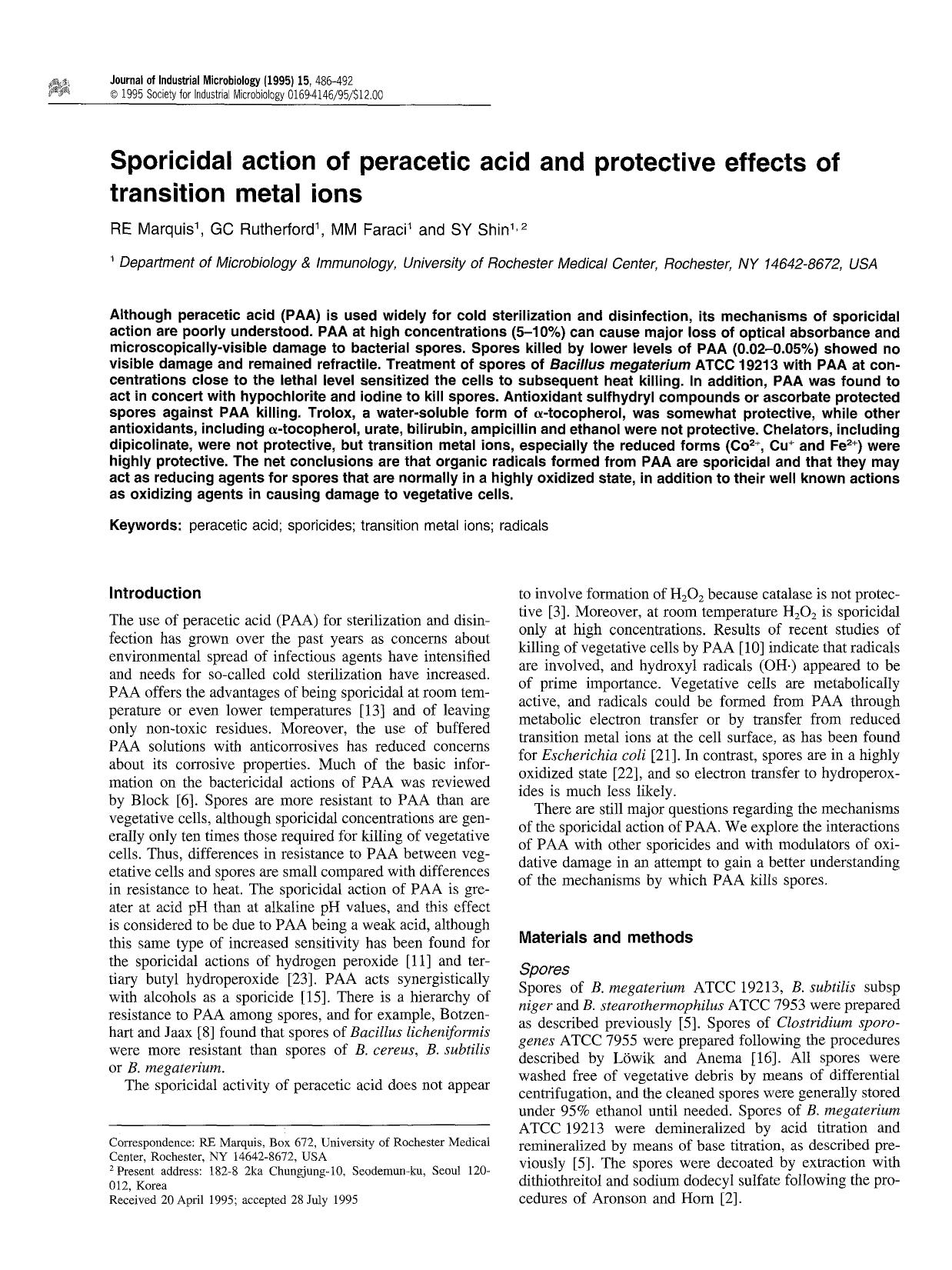 Sporicidal action of peracetic acid and protective effects of transition metal ions by Unknown