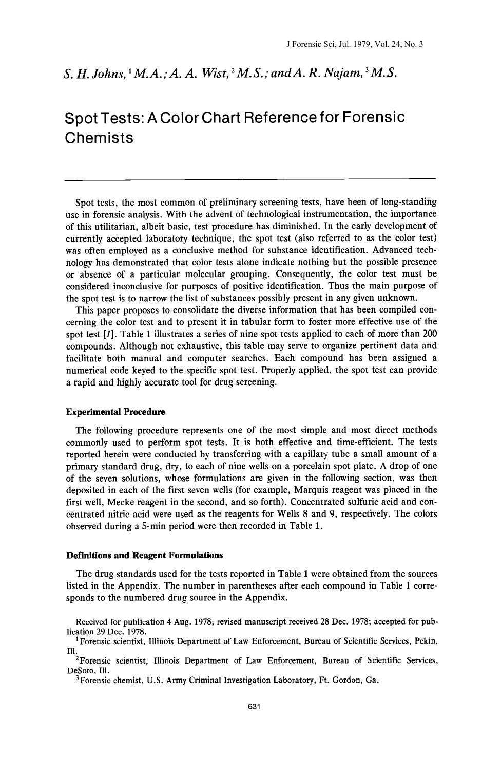 Spot Tests: A Color Chart Reference for Forensic Chemists by Johns SH Wist AA Najam AR
