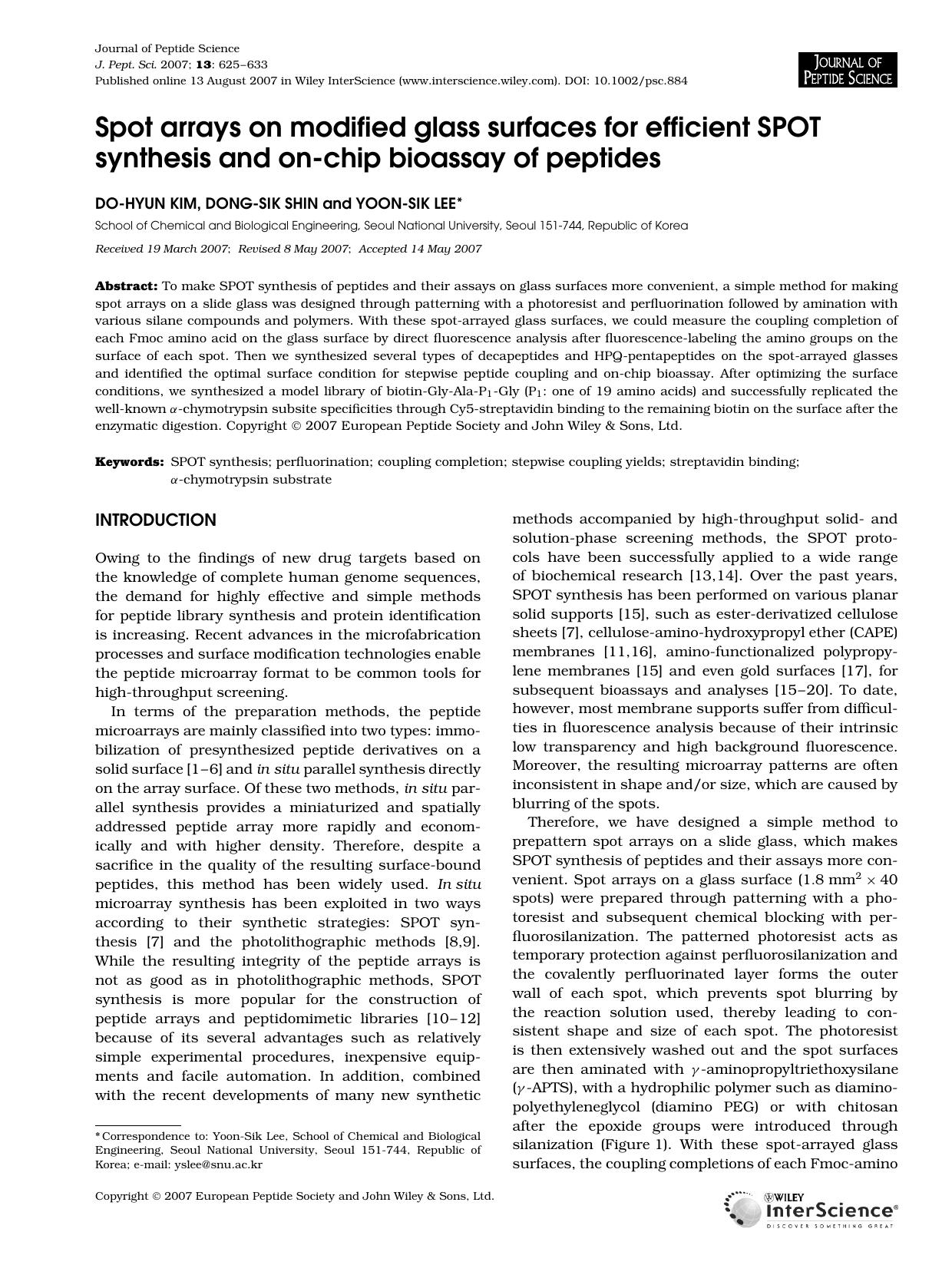 Spot arrays on modified glass surfaces for efficient SPOT synthesis and on-chip bioassay of peptides by Unknown