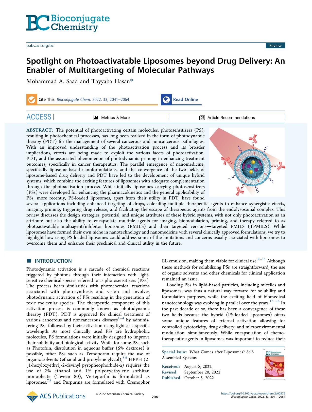 Spotlight on Photoactivatable Liposomes beyond Drug Delivery: An Enabler of Multitargeting of Molecular Pathways by Mohammad A. Saad and Tayyaba Hasan