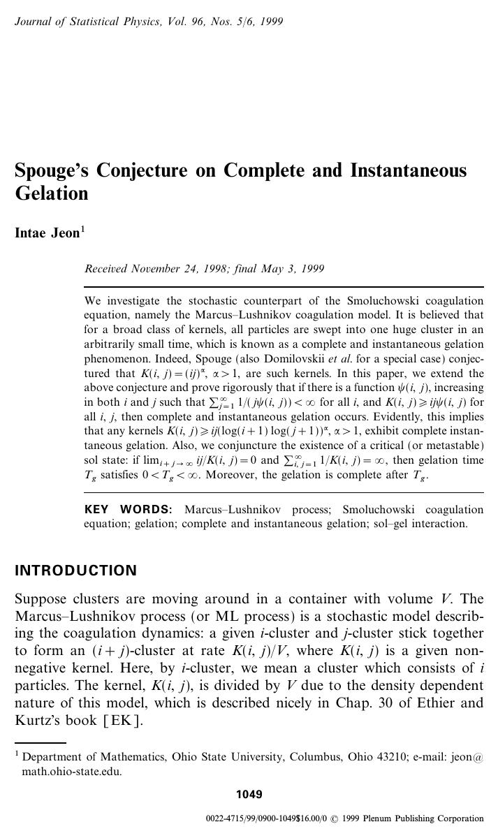 Spouge's Conjecture on Complete and Instantaneous Gelation by Unknown