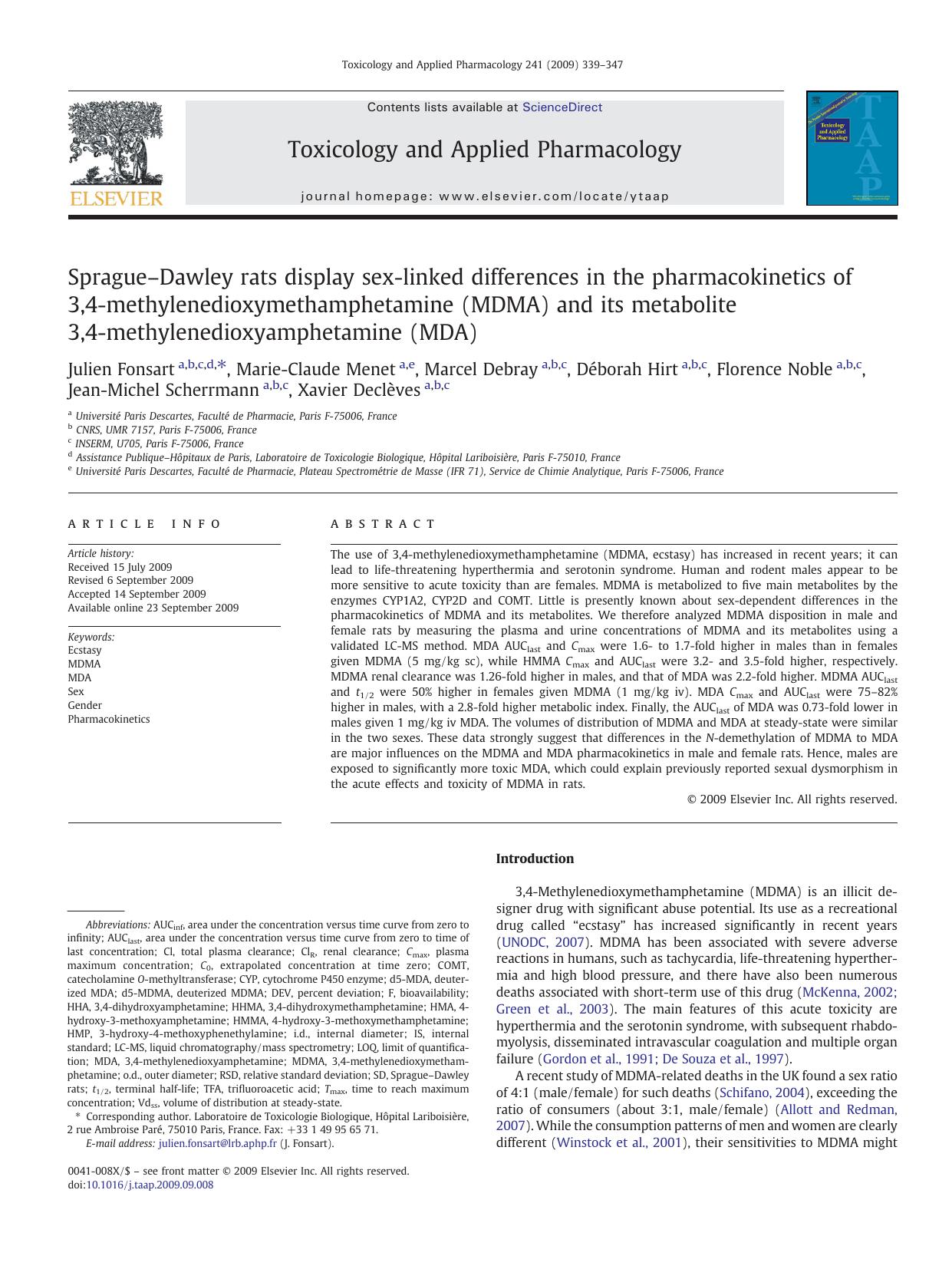 SpragueâDawley rats display sex-linked differences in the pharmacokinetics of 3,4-methylenedioxymethamphetamine (MDMA) and its metabolite 3,4-methylenedioxyamphetamine (MDA) by unknow