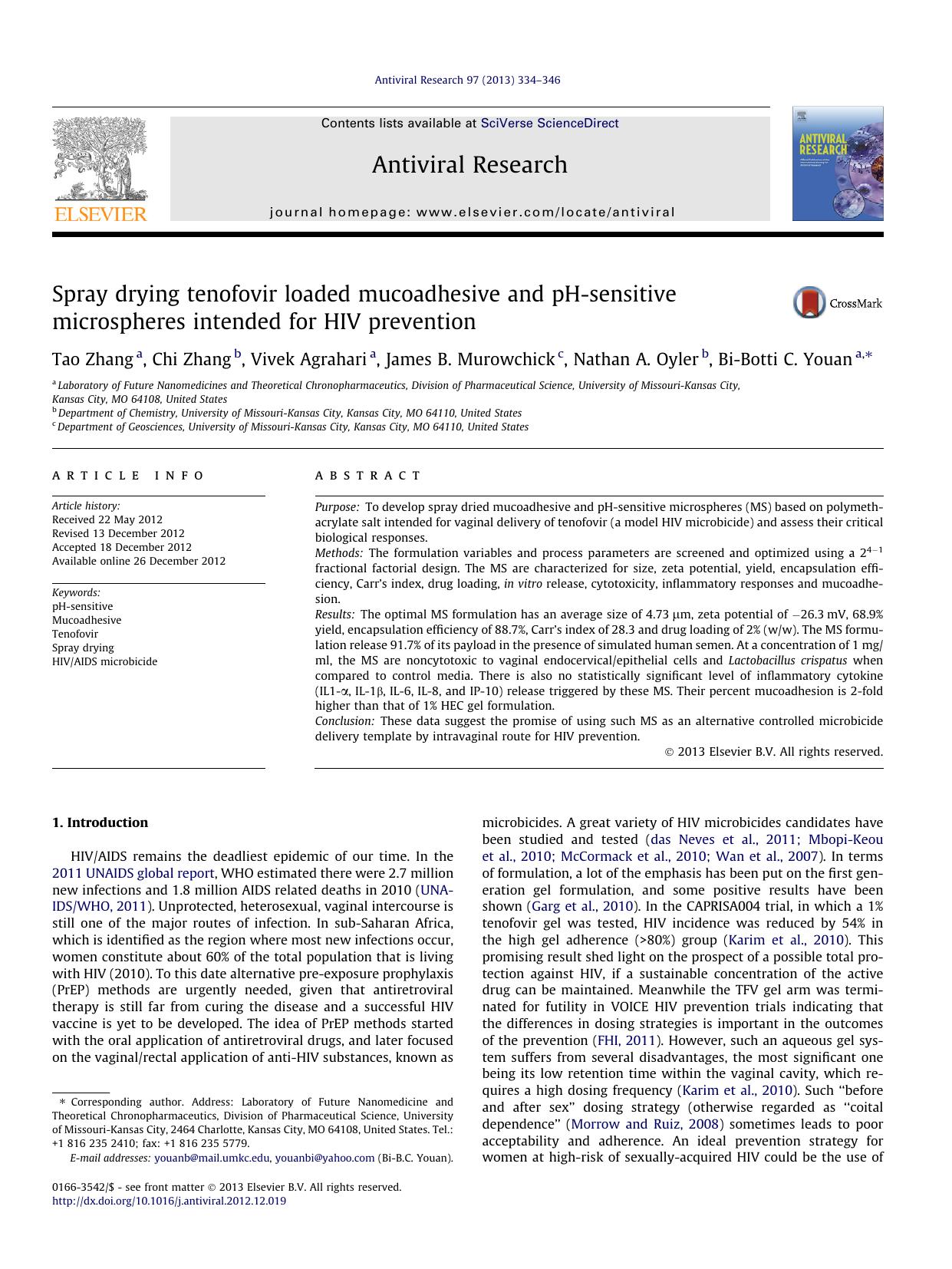 Spray drying tenofovir loaded mucoadhesive and pH-sensitive microspheres intended for HIV prevention by Tao Zhang & Chi Zhang & Vivek Agrahari & James B. Murowchick & Nathan A. Oyler & Bi-Botti C. Youan