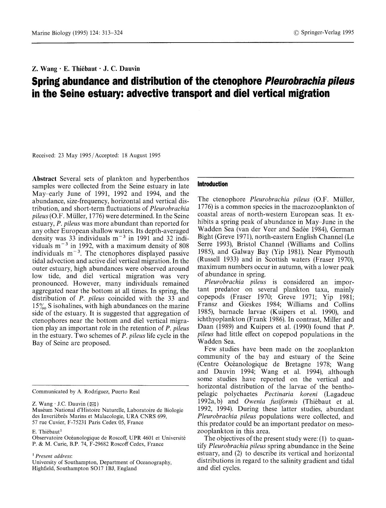 Spring abundance and distribution of the ctenophore <Emphasis Type="Italic">Pleurobrachia pileus<Emphasis> in the Seine estuary: advective transport and diel vertical migration by Unknown