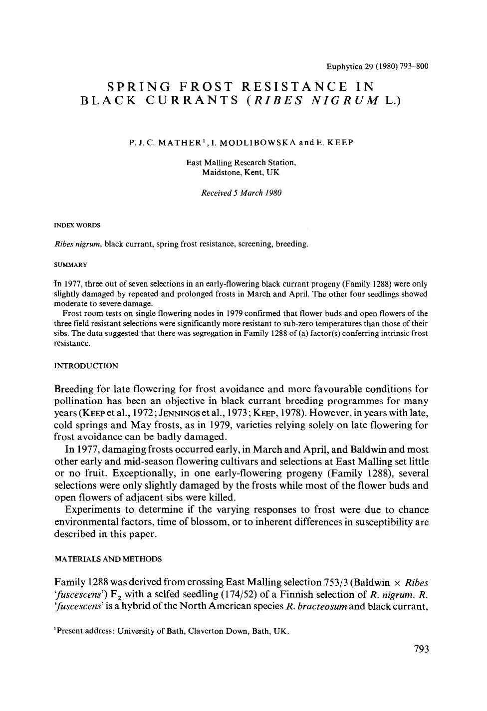 Spring frost resistance in black currants ( <Emphasis Type="Italic">Ribes nigrum <Emphasis> L.) by Unknown