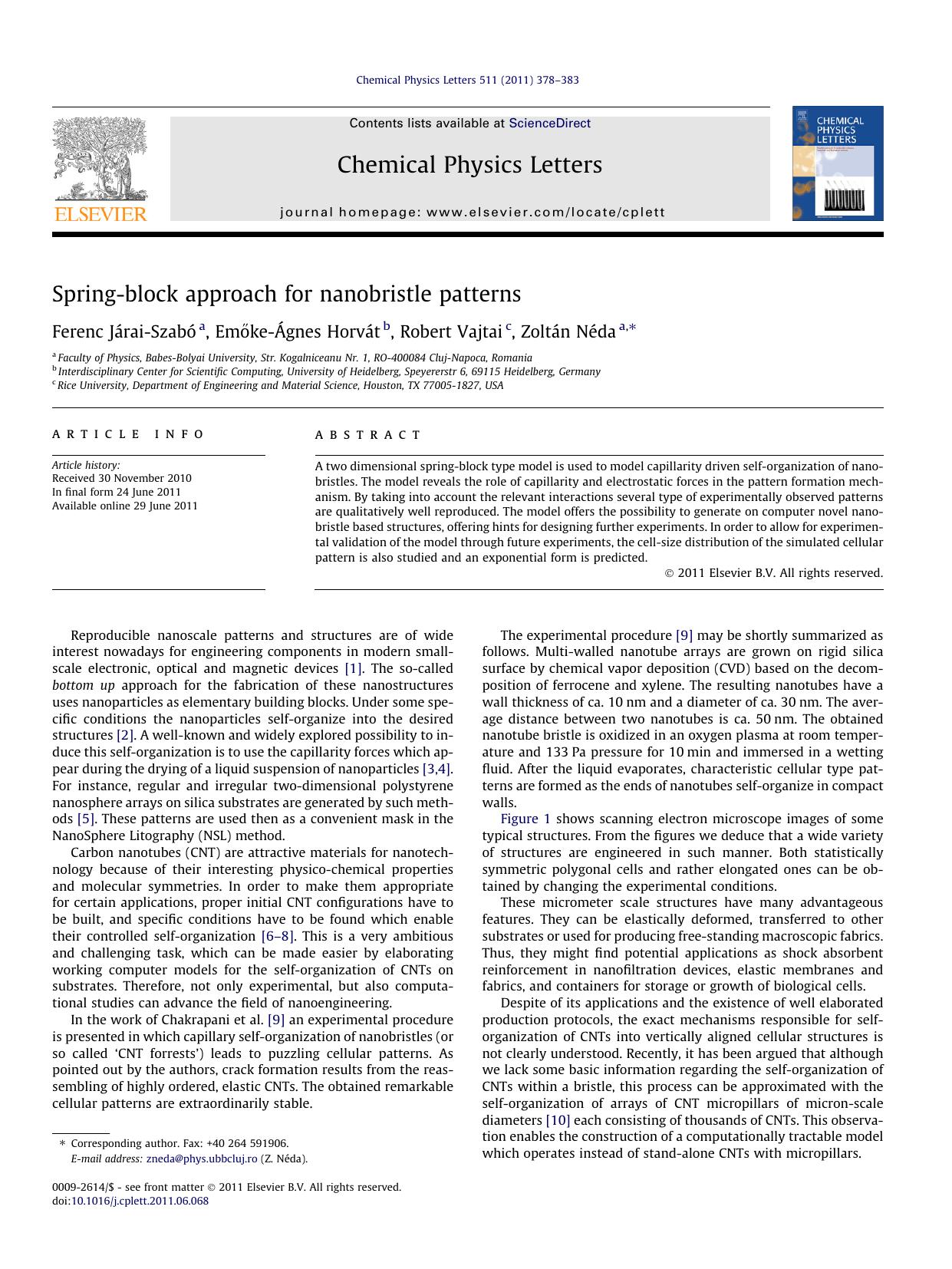 Spring-block approach for nanobristle patterns by Ferenc JÃ¡rai-SzabÃ³ & Emőke-Ágnes Horvát & Robert Vajtai & Zoltán Néda