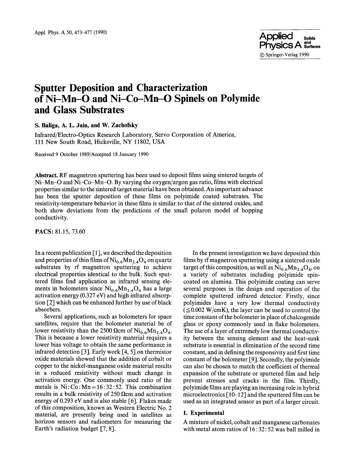 Sputter deposition and characterization of Ni-Mn-O and Ni-Co-Mn-O spinels on polymide and glass substrates by Unknown