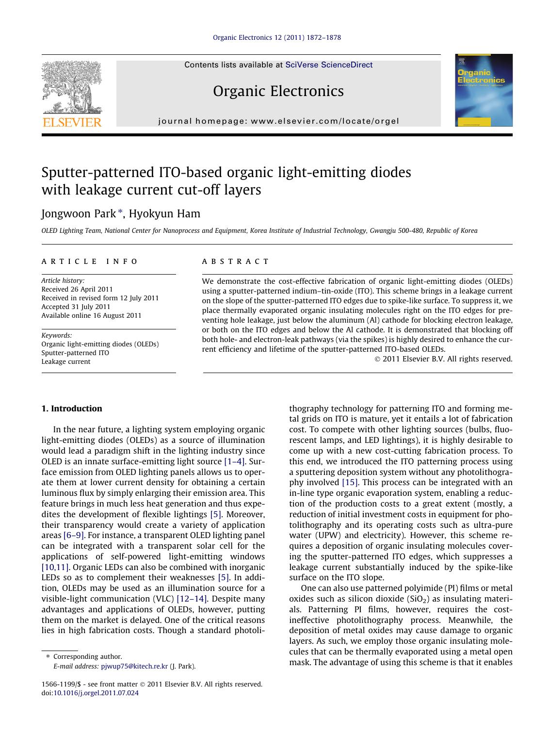 Sputter-patterned ITO-based organic light-emitting diodes with leakage current cut-off layers by Jongwoon Park & Hyokyun Ham